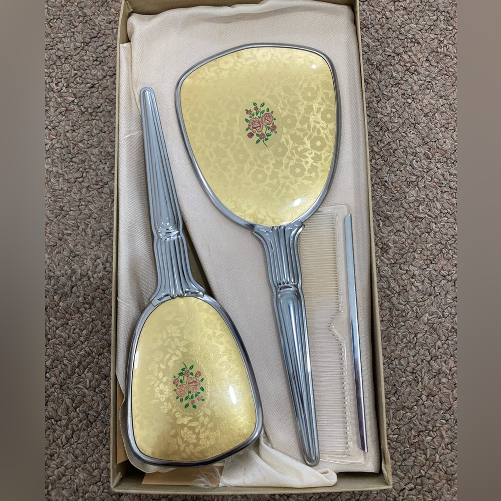 Vintage Gold/Silver Tone 3 piece Dressing Table Vanity Set Mirror, Brush, Comb